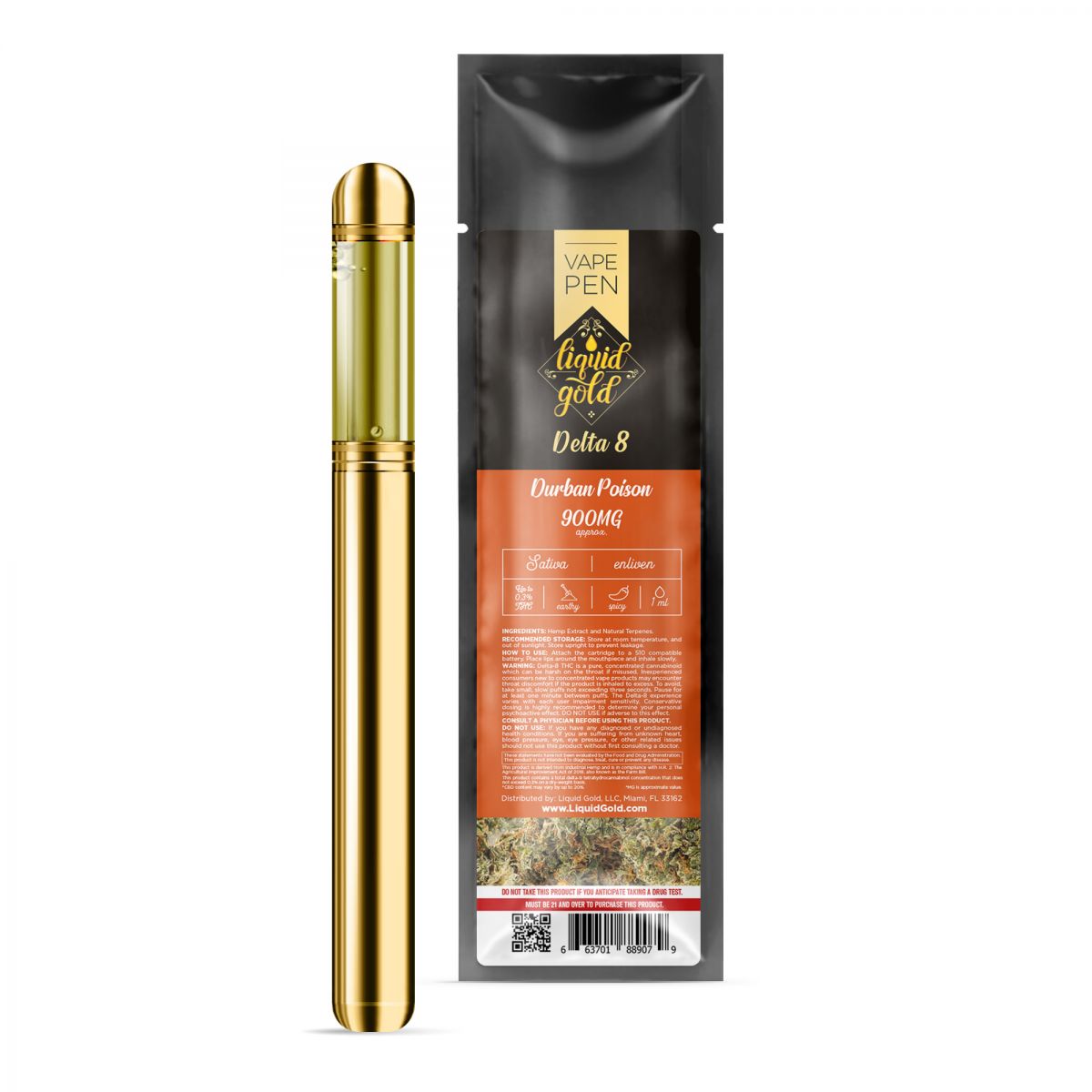 Liquid Gold CBD - Delta 8 Vape Pen - Durban Poison - 900mg  CBDdatabase.com