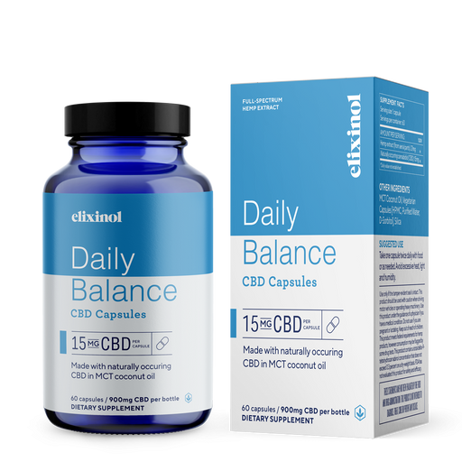 Elixinol - CBD Capsules - Daily Balance CBD Capsules - Full Spectrum - Box & Bottle
