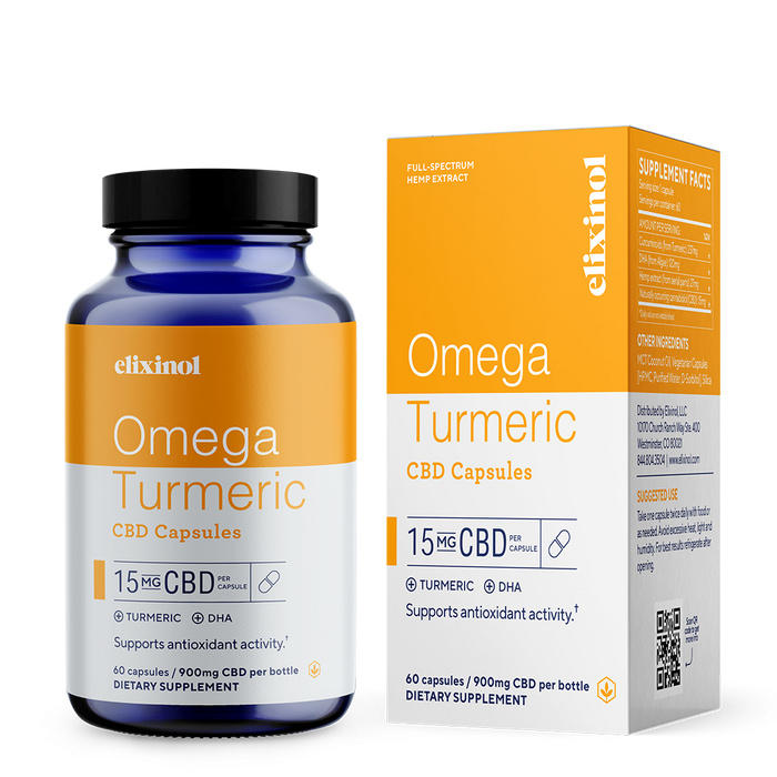 Elixinol - CBD Capsules - Omega Turmeric CBD Capsules - Full Spectrum - Box & Bottle