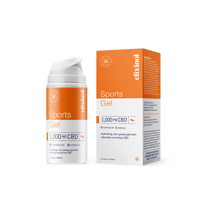 Elixinol - CBD Topical - Sports Gel - Broad Spectrum - Box & Bottle