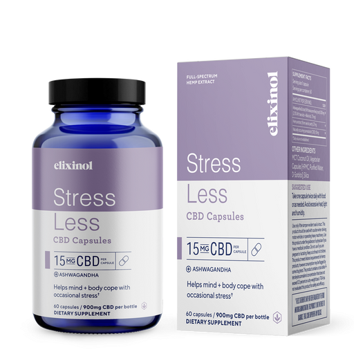 Elixinol - CBD Capsules - Stress Less CBD Capsules - Full Spectrum - Box & Bottle